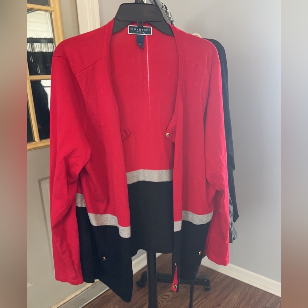 Karen Scott Womens Red & Black Long Sleeve Button up Cardigan EUC size 2X